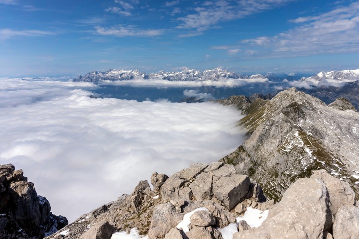 Julian Alps view from the top of Mount Krn on a trail in Slovenia