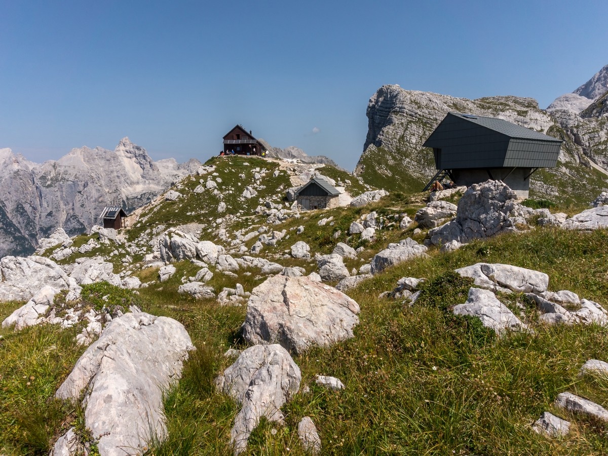 Zasavska hut at Prehodavci with winter bivouac on the Valley of The Seven Lakes Hike in Julian Alps, Slovenia