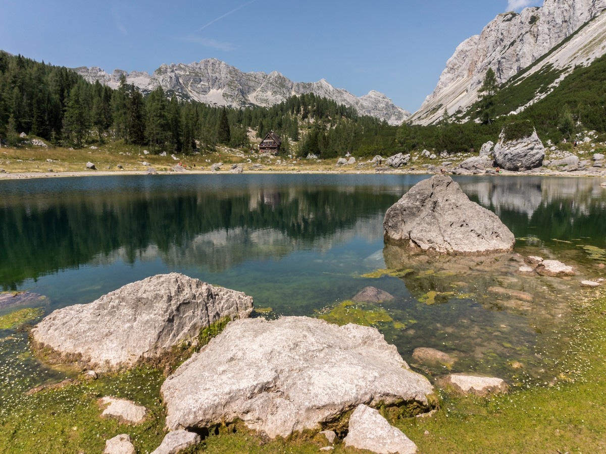 Triglav Lakes hut at Dvojno Jezero (Double lake) on the Valley of The Seven Lakes Hike in Julian Alps, Slovenia