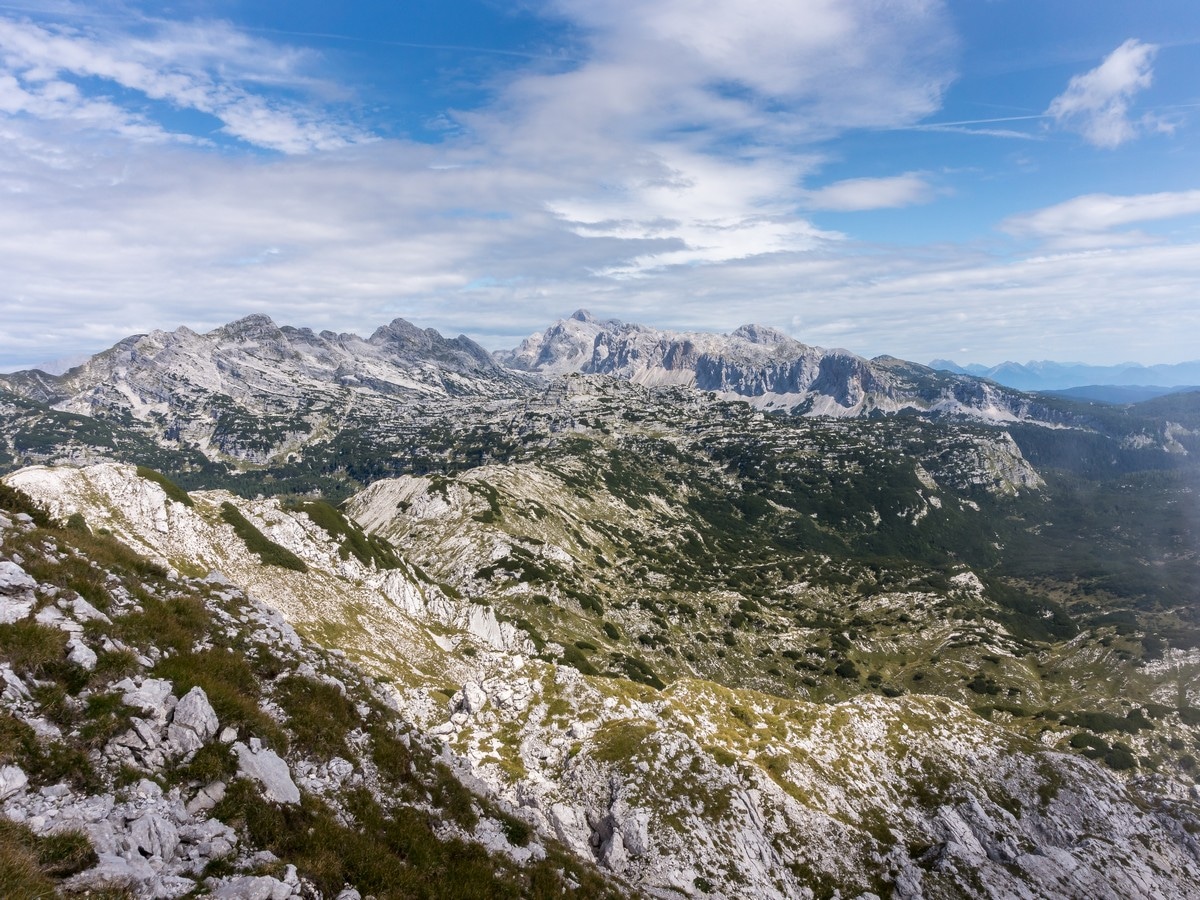 The heart of Julian Alps with Mount Triglav in center on Komna and Lanževica Hike in Julian Alps, Slovenia