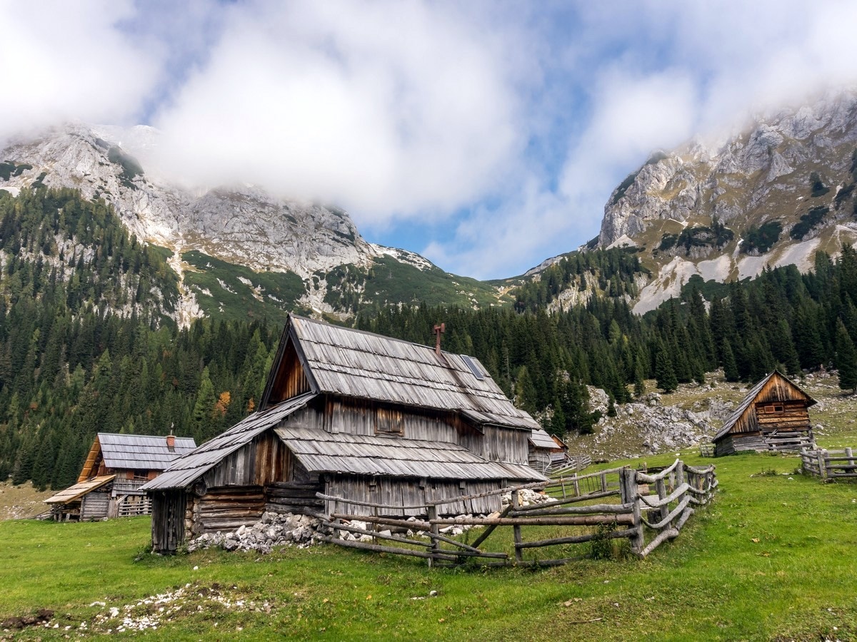 Shepherds hut at V Lazu pasture on Bohinj Pastures Route walk in Julian Alps, Slovenia