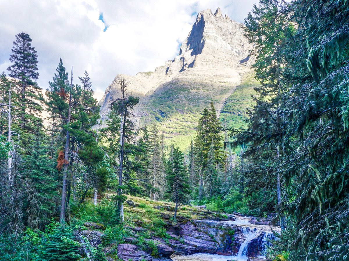 St Mary Falls at St Mary and Virginia Falls Hike in Glacier National Park has amazing mountain views