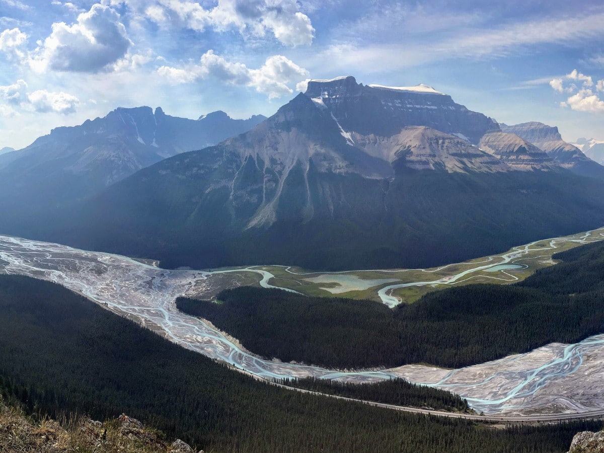 View over north Saskatchewan and Alexandra Rivers from the Sunset Viewpoint and Pass Hike from the Icefields Parkway near Banff National Park