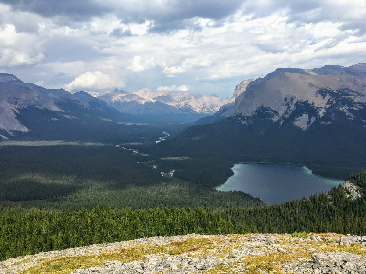 View of Pinto Lake from the Sunset Viewpoint and Pass Hike from the Icefields Parkway near Banff National Park