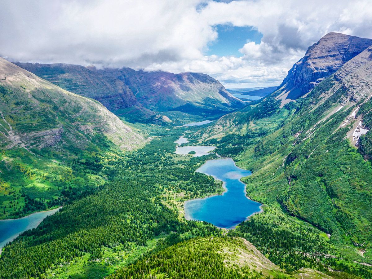 View from the top of the mountain at Swiftcurrent Pass Hike at Glacier National Park