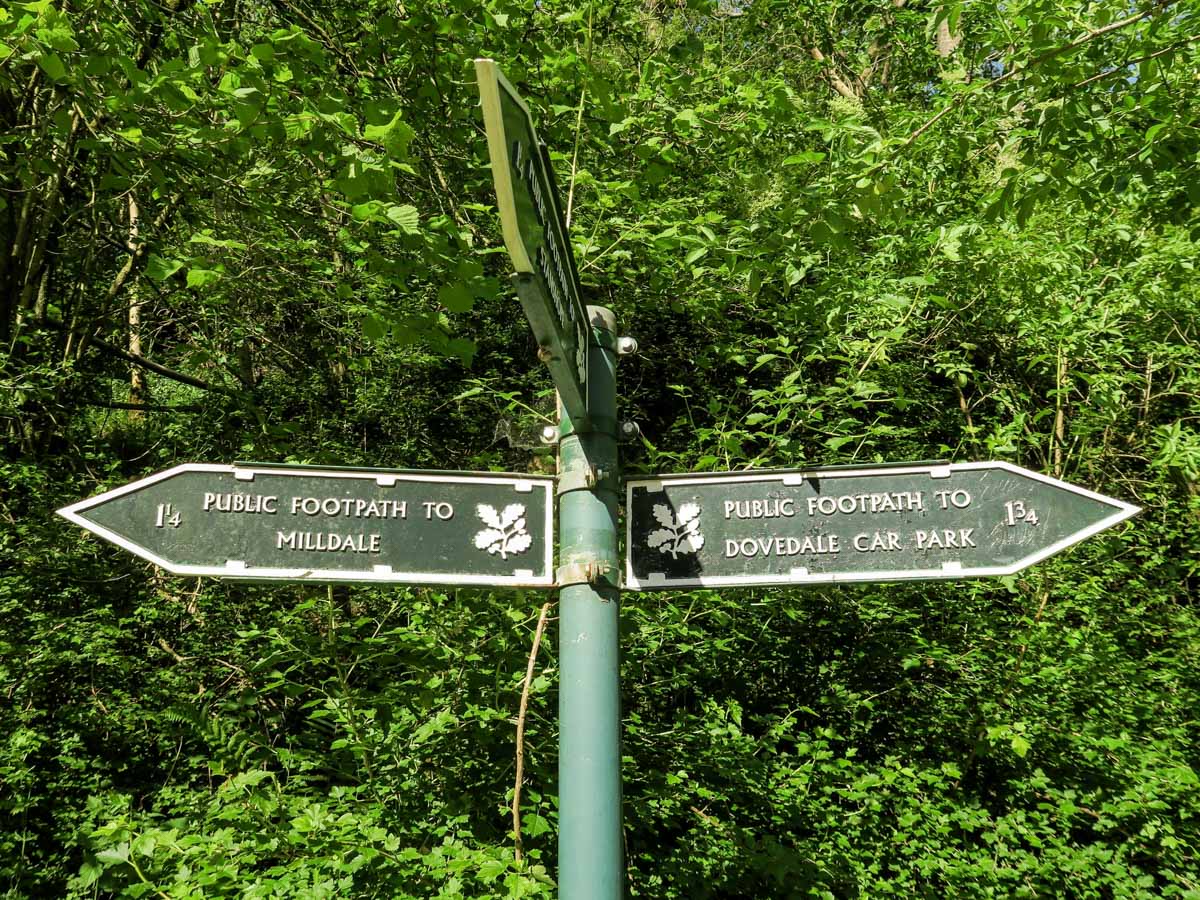 Signpost near the trailhead of the Dovedale Circular Hike in Peak District, England