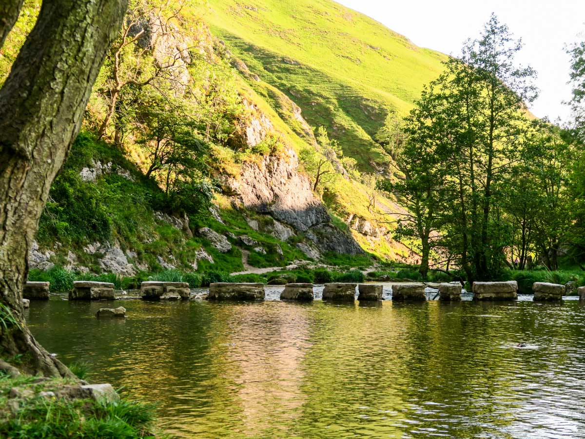The stepping stones of the Dovedale Circular Hike in Peak District, England