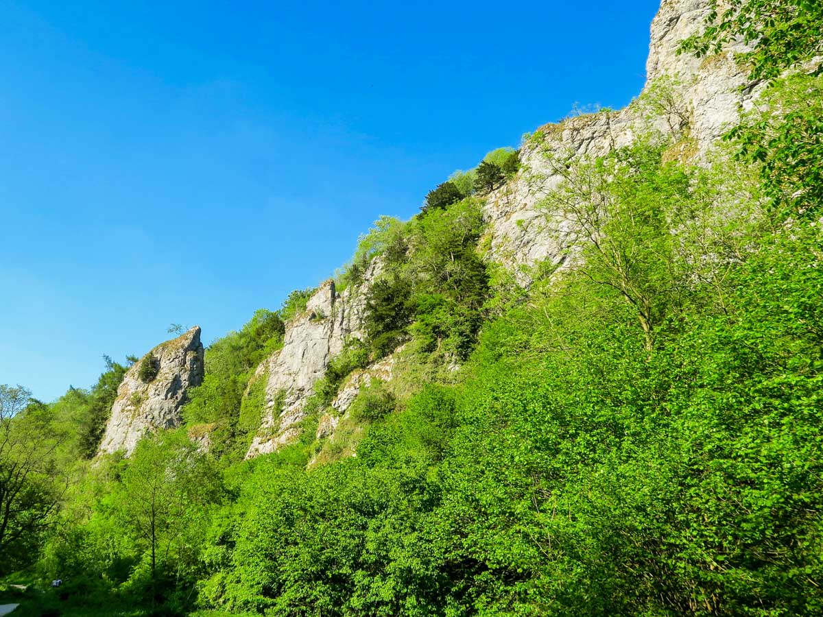 Looking up at Tissington Spires from the Dovedale Circular Hike in Peak District, England