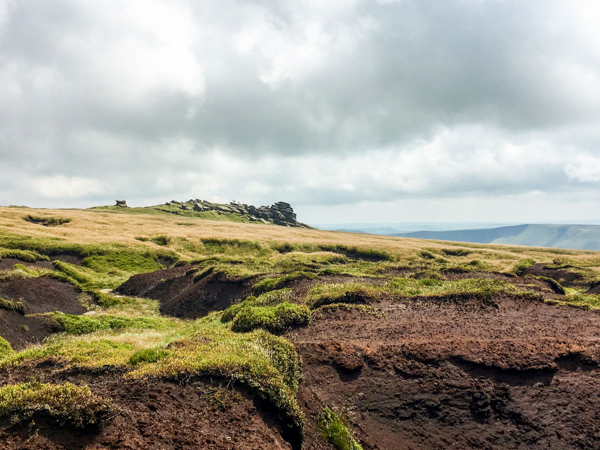 Plateau views on Kinder Reservoir on Kinder Scout walk in Peak District