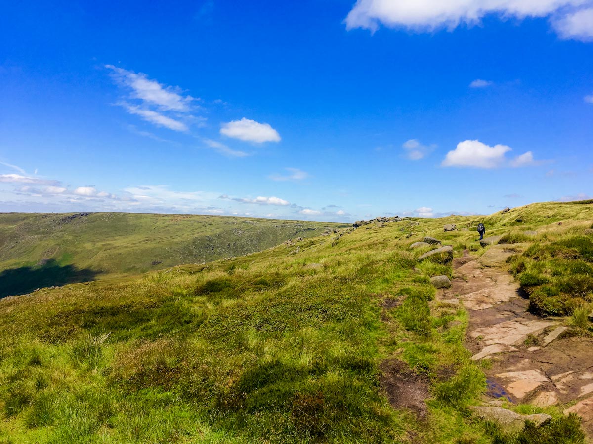 Pennine Way on Kinder Reservoir on Kinder Scout walk in Peak District