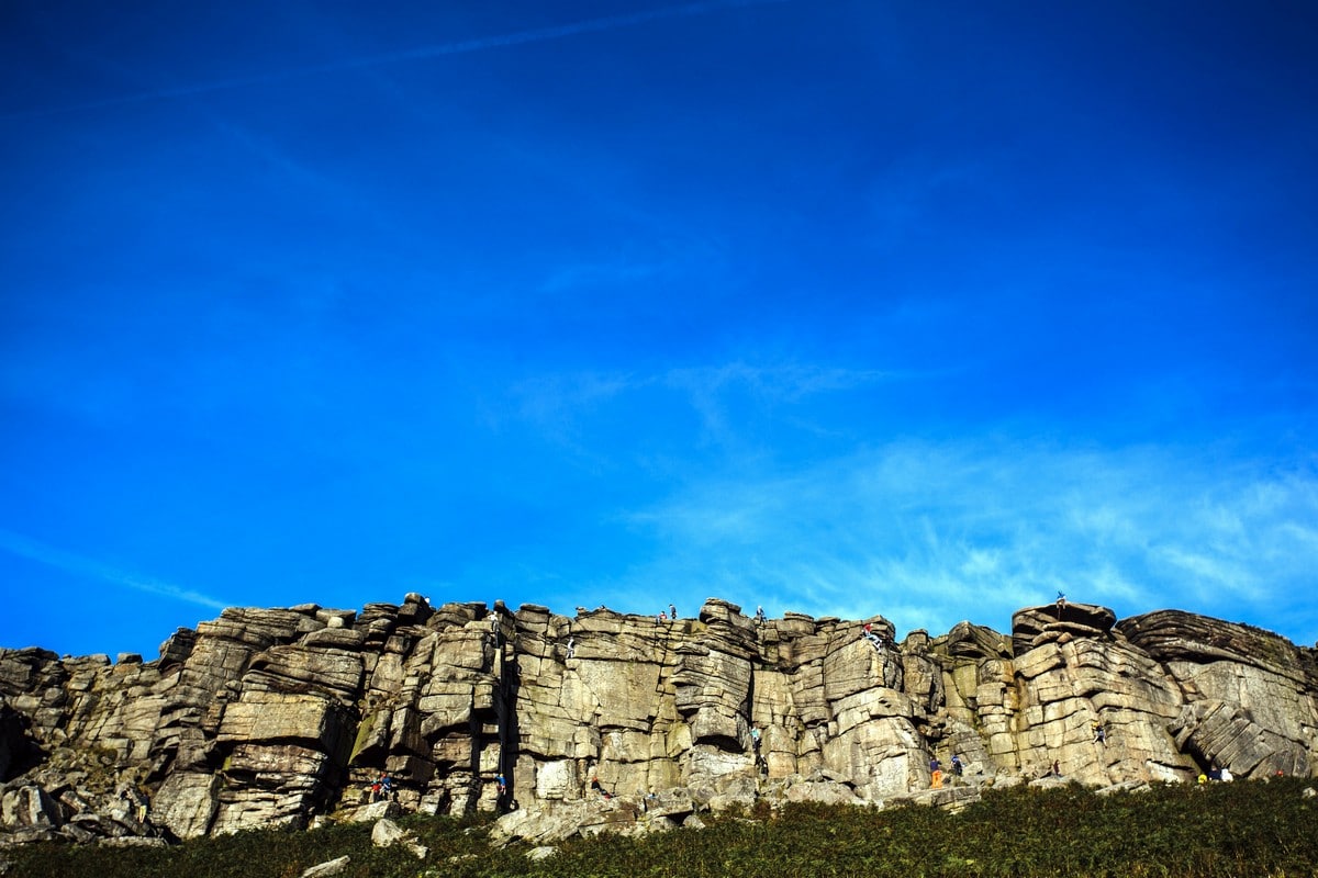 Climbers along the Stanage Edge from Hathersage Hike in Peak District, England