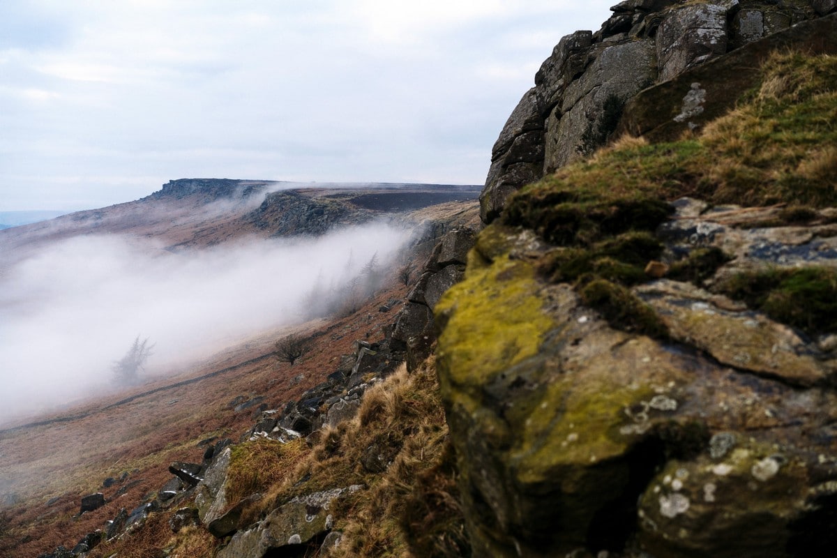 Looking out along the edge on the Stanage Edge from Hathersage Hike in Peak District, England