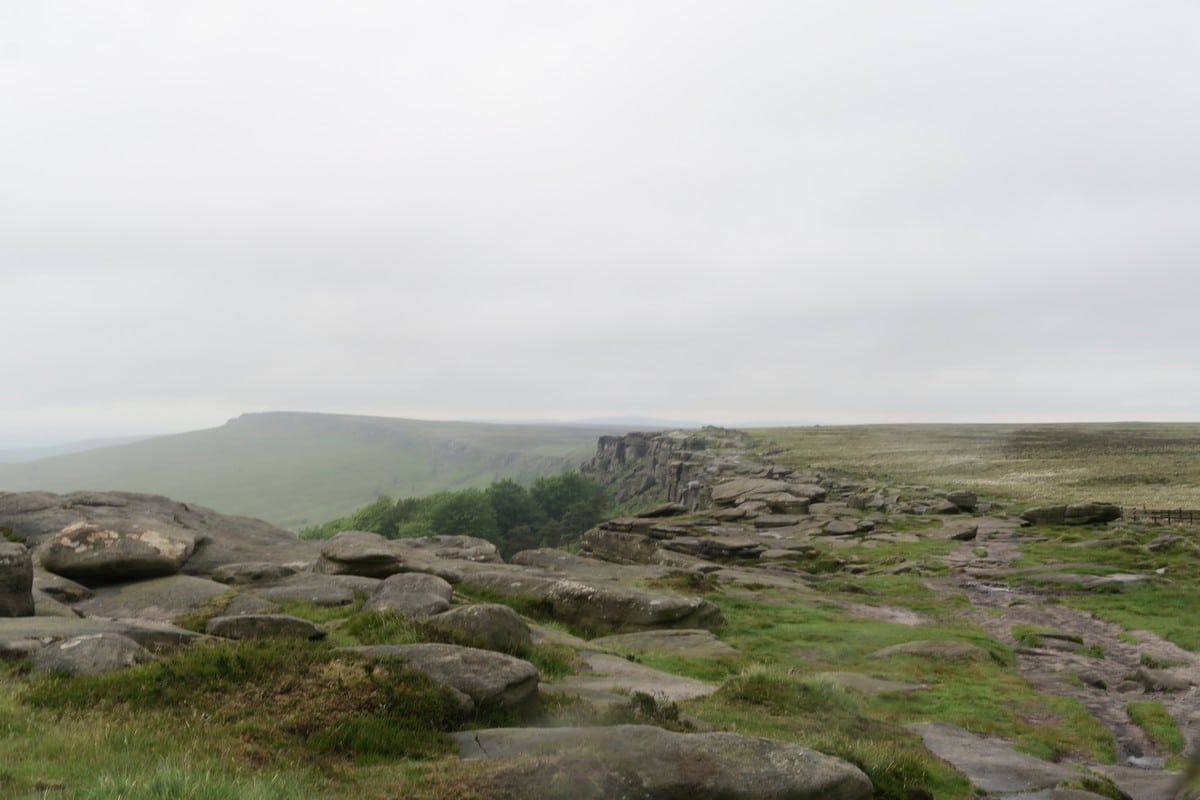 Trail on top of the escarpment on the Stanage Edge from Hathersage Hike in Peak District, England