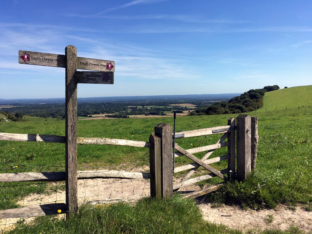 Trail signs along the South Downs Way on the Amberley to Shoreham-by-Sea Hike in South Downs, England