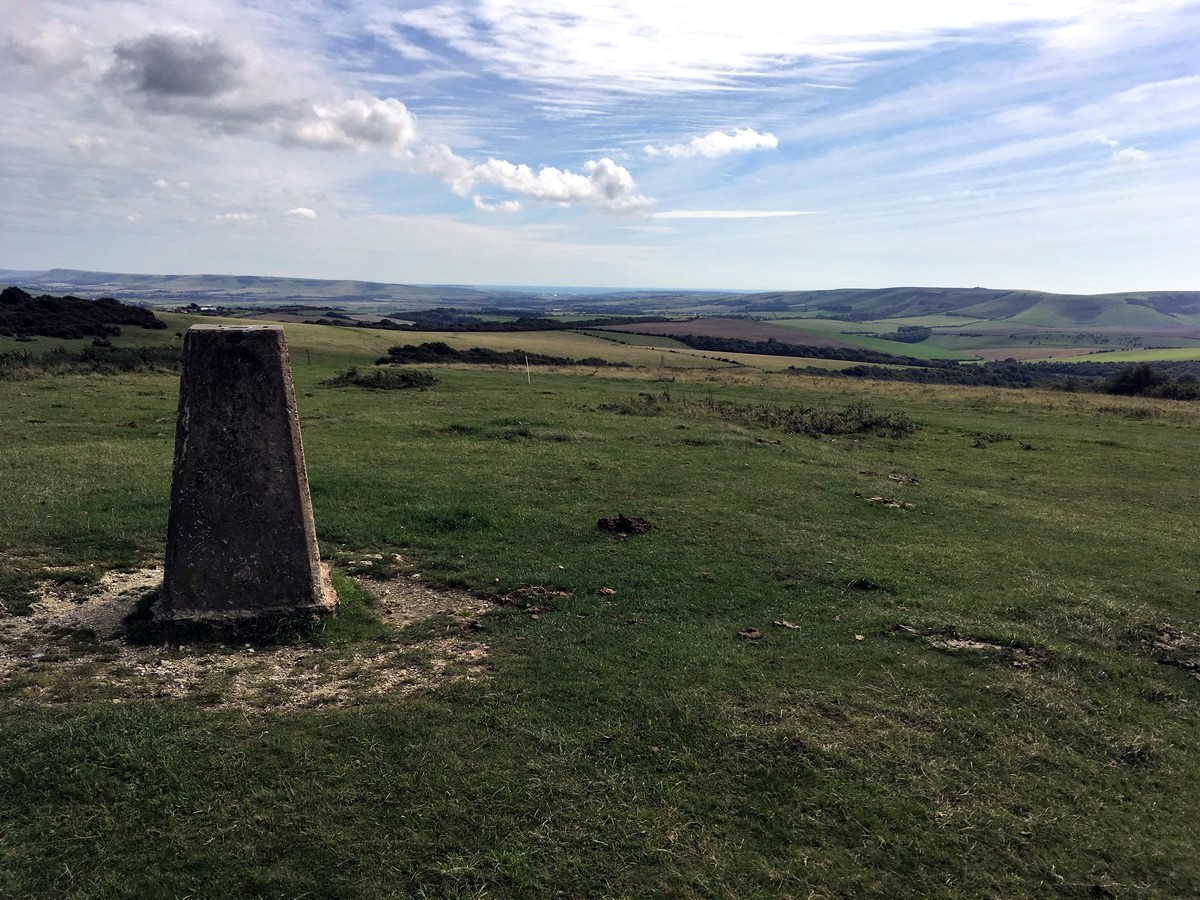 The Trig marker at Black Cap national trust site on the Hassocks to Lewes Hike in South Downs, England