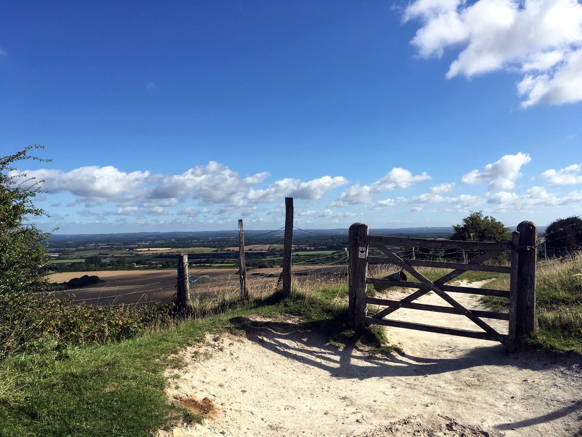 Chalky trail with a view of the Cuckmere valley on the Long Man of Wilmington to Alfriston Hike in South Downs, England