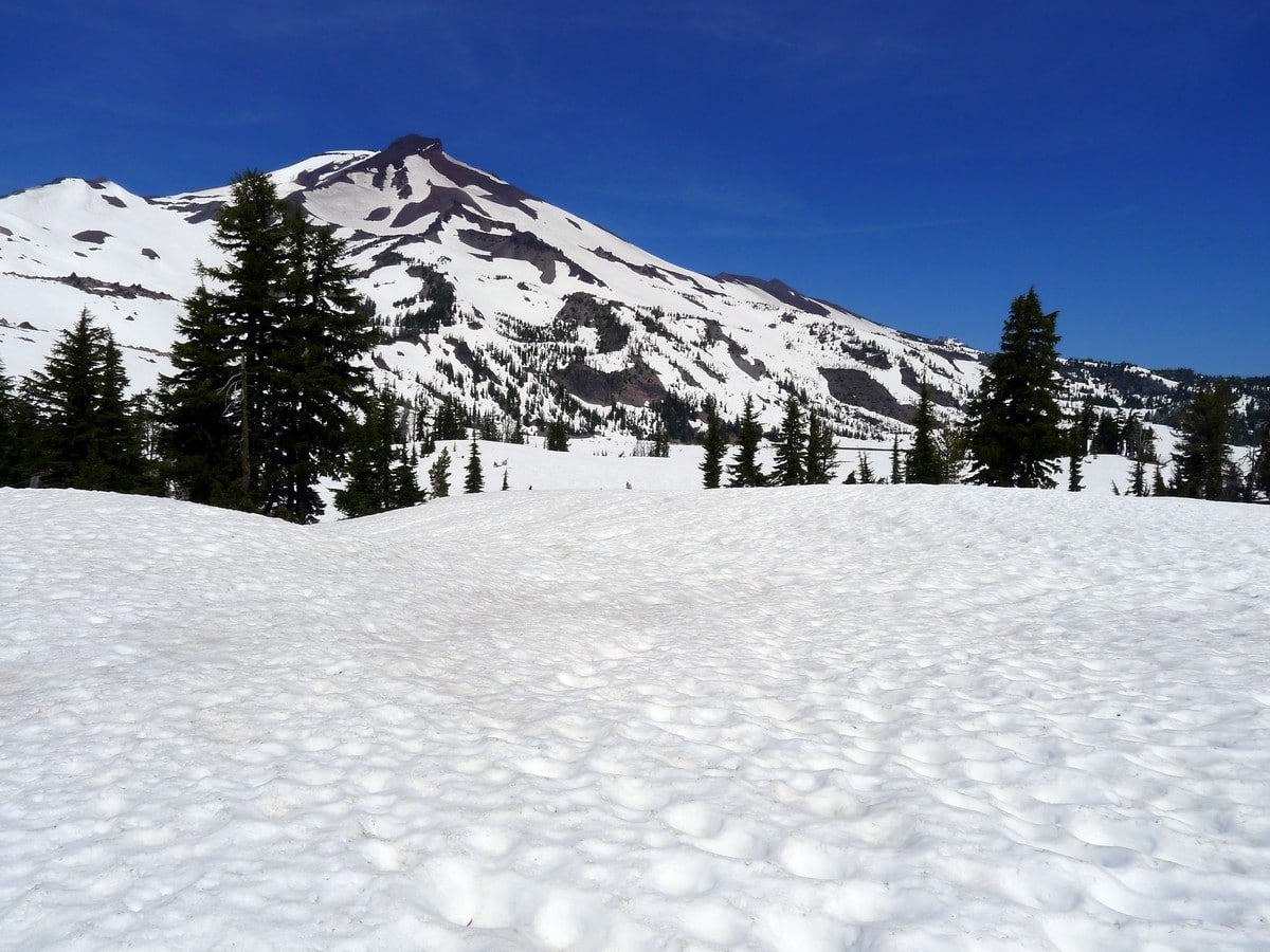 South Sister visible from lake plateau on the Green Lakes Hike near Bend, Oregon