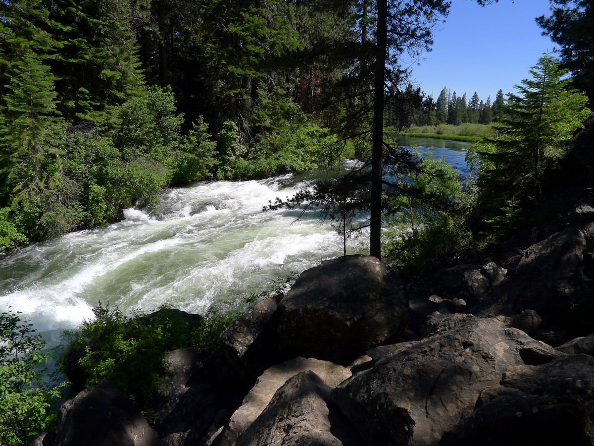 Gurgling water of the early falls on the Benham Falls Hike near Bend, Oregon