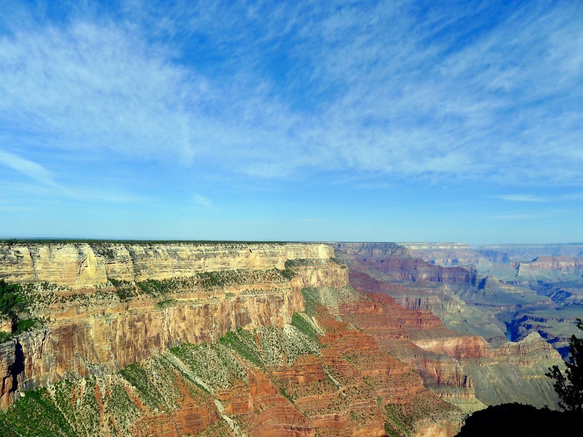 Cliff faces lining canyon from the South Rim Trail Hike in Grand Canyon National Park, Arizona