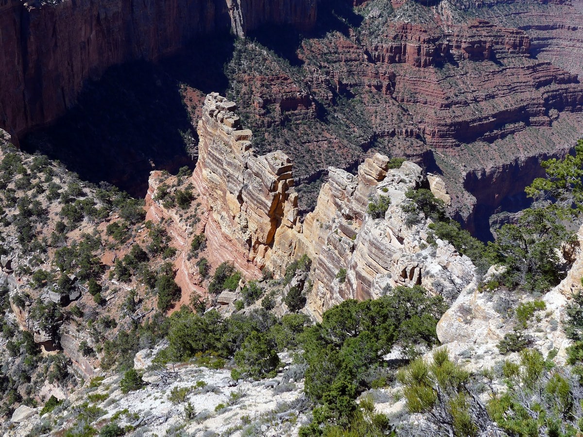 Looking down into the depths of canyon from the Cape Royal Hike in Grand Canyon National Park, Arizona