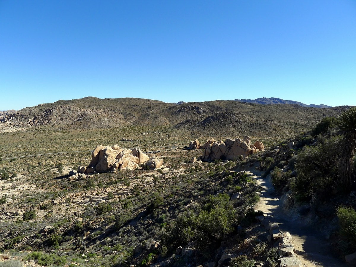 Looking across the gully at monzogranite cliffs on the Ryan Mountain Hike in Joshua Tree National Park, California