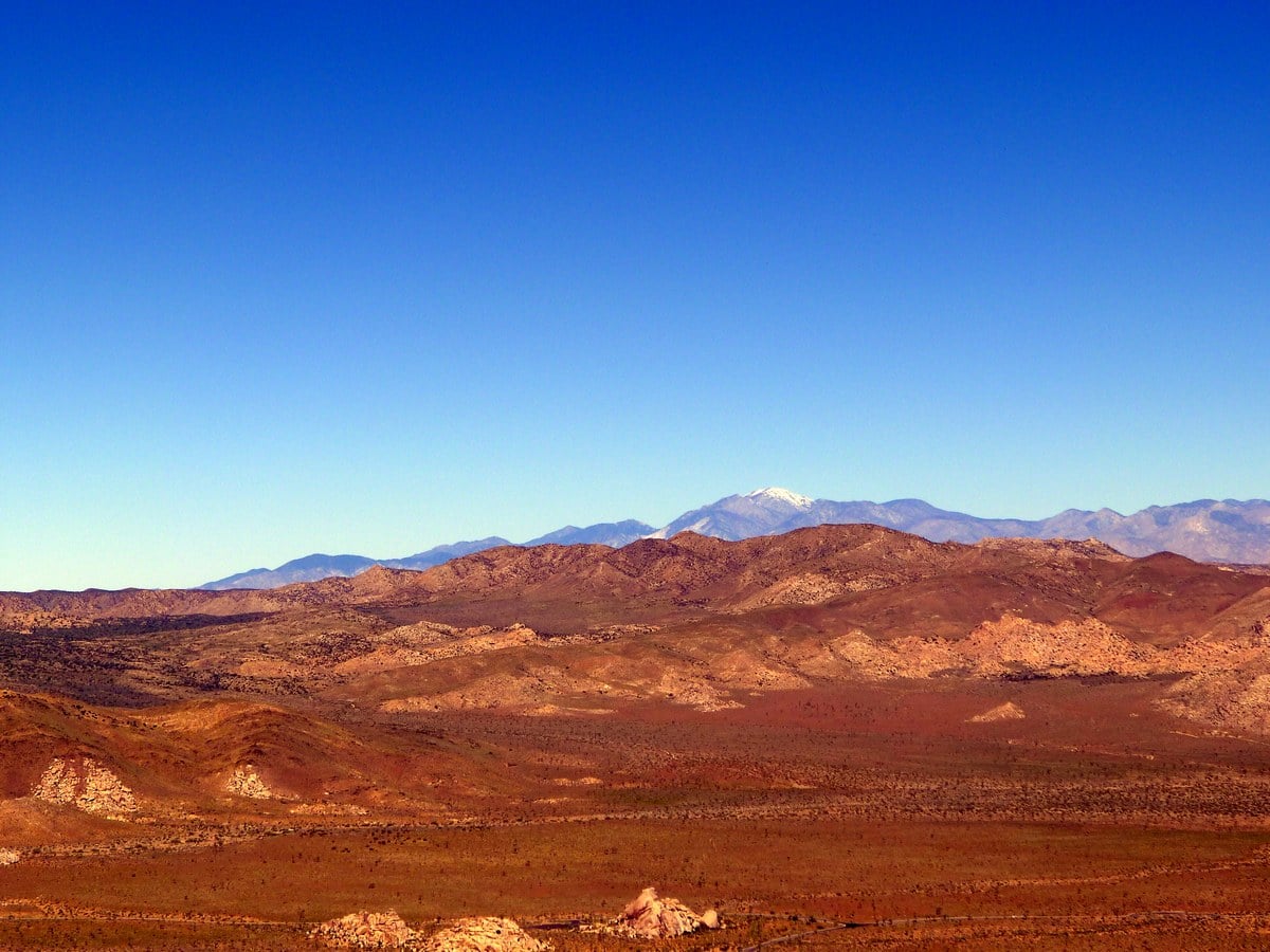 Snow capped peaks in the distance looking from the Ryan Mountain Hike in Joshua Tree National Park, California