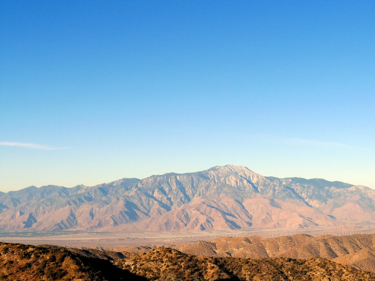 Snow still on the mountains on the Warren Peak Hike in Joshua Tree National Park, California