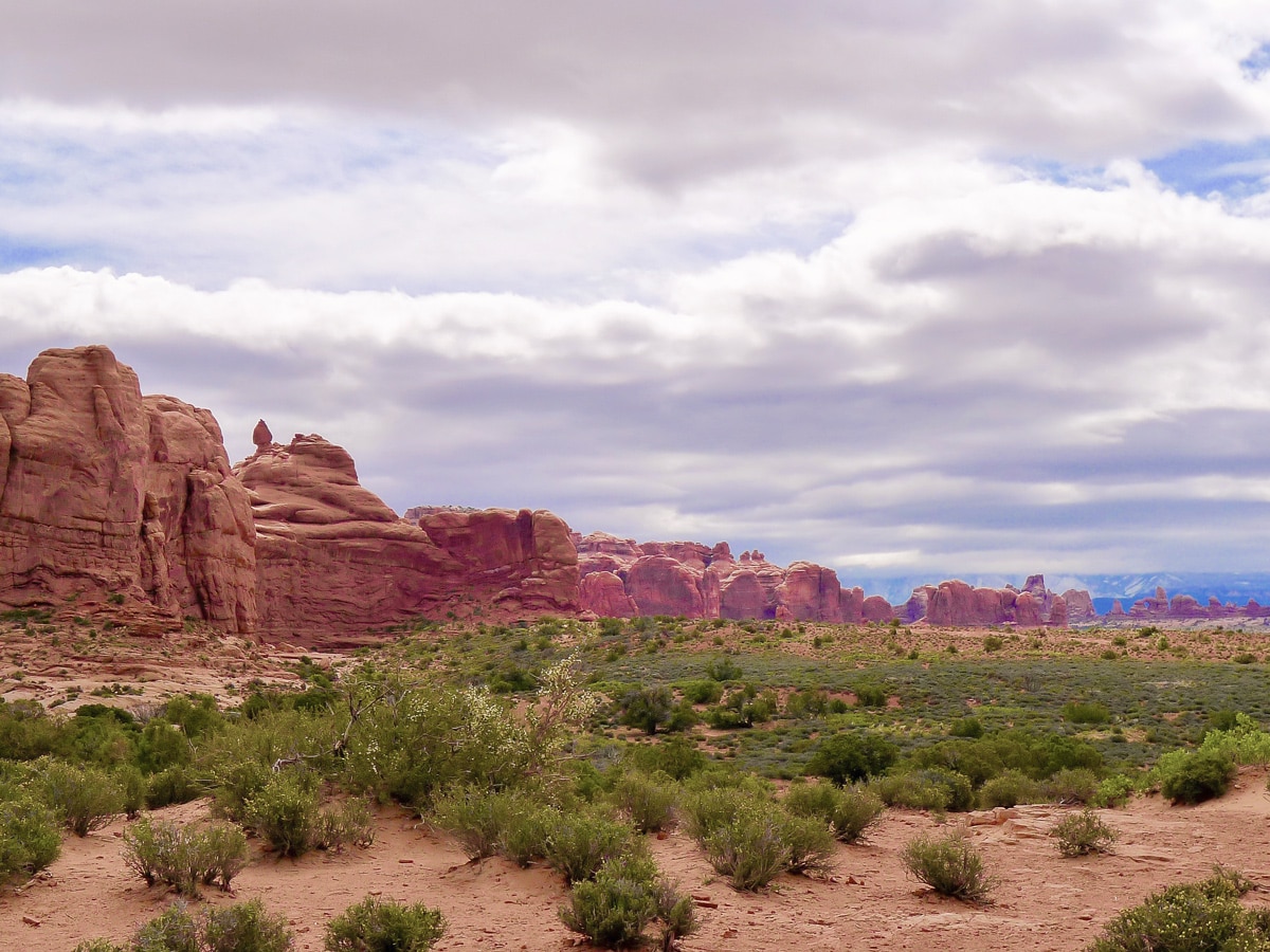 View along the valley on Balanced Rock hike in Arches National Park, Utah