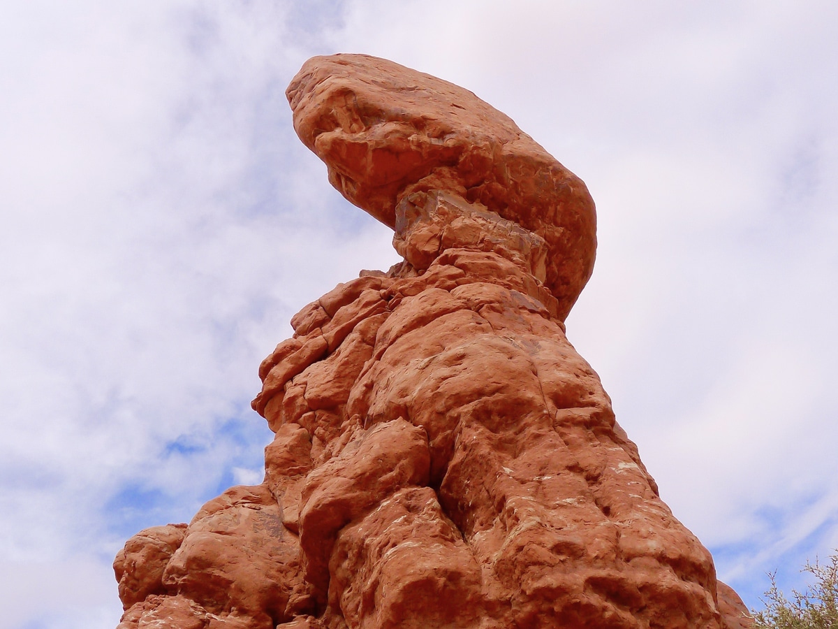 Views below the Balanced Rock on a trail in Arches National Park, Utah