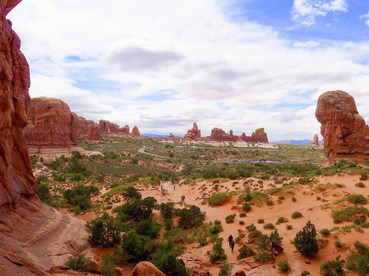 Car park view from Delicate Arch hike in Arches National Park, Utah