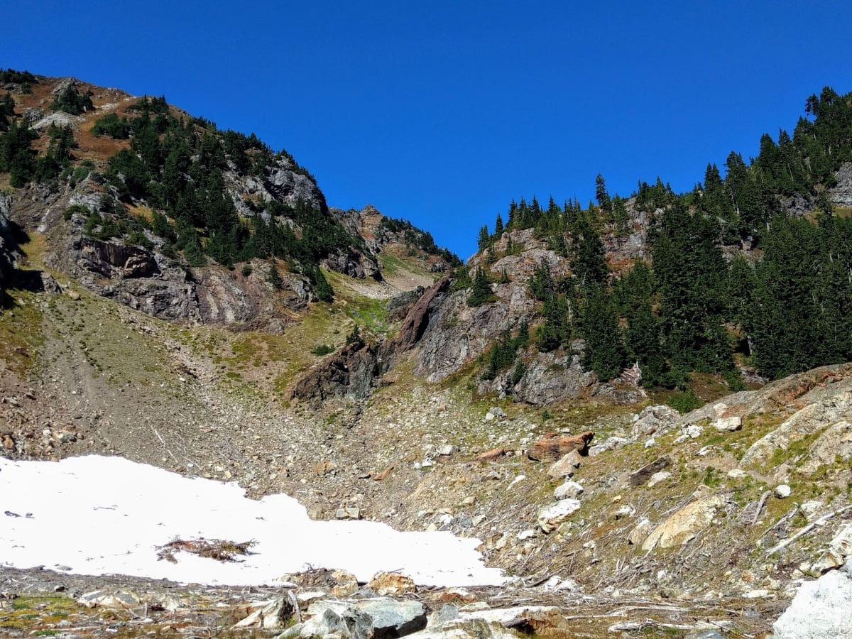 Snow beneath the butte on the Yellow Aster Butte Hike near Mt Baker, Washington