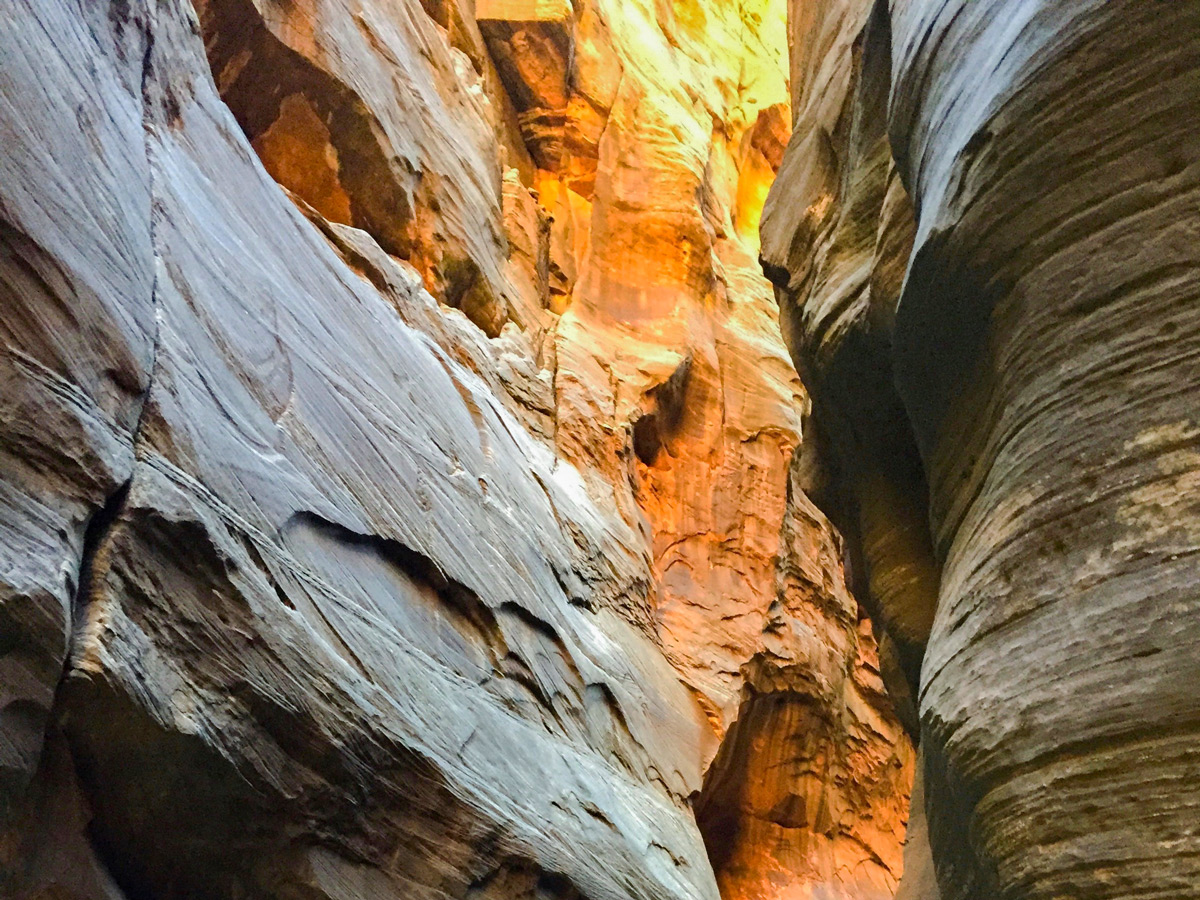 Impressive slickrock on the Narrows hike in Zion National Park, Utah