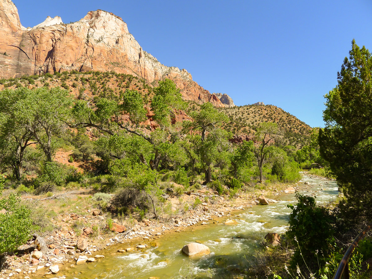 View along river on Pa'rus River Trail hike in Zion National Park