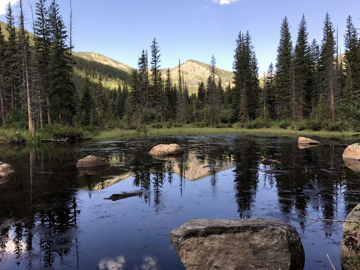 Reflections on the lake on Lost Lake Hike in Indian Peaks, Colorado