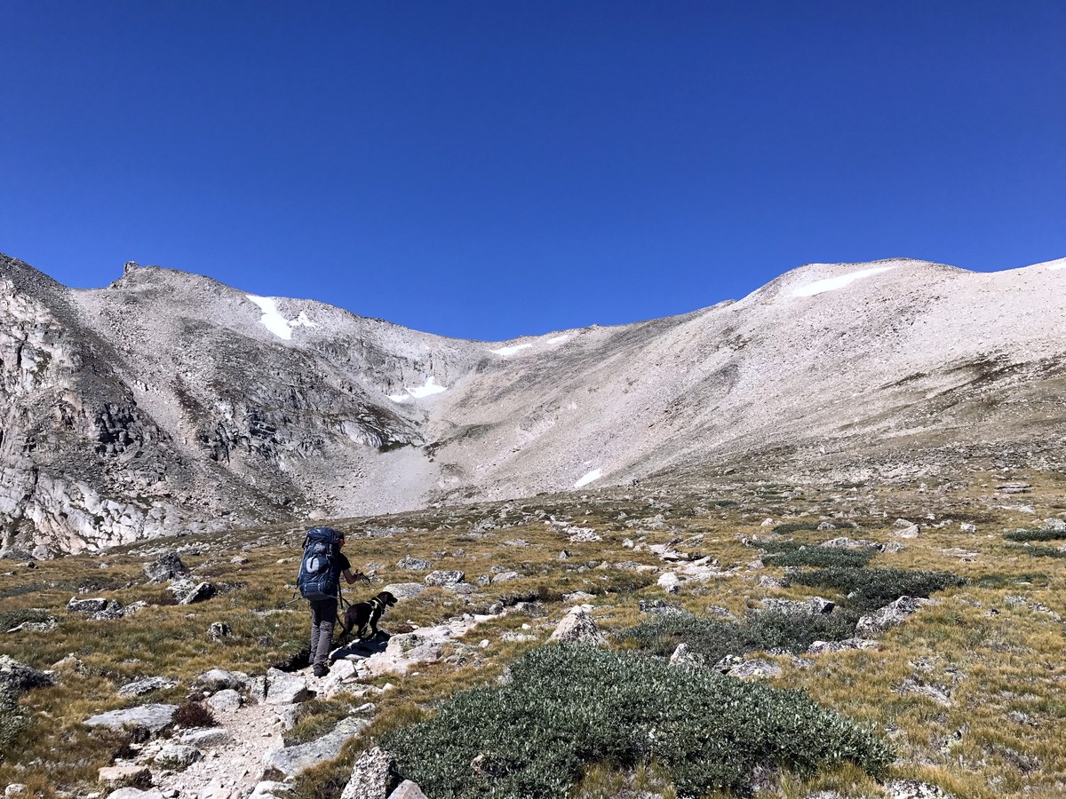 Hiker on Pawnee Pass trail in Indian Peaks, Colorado