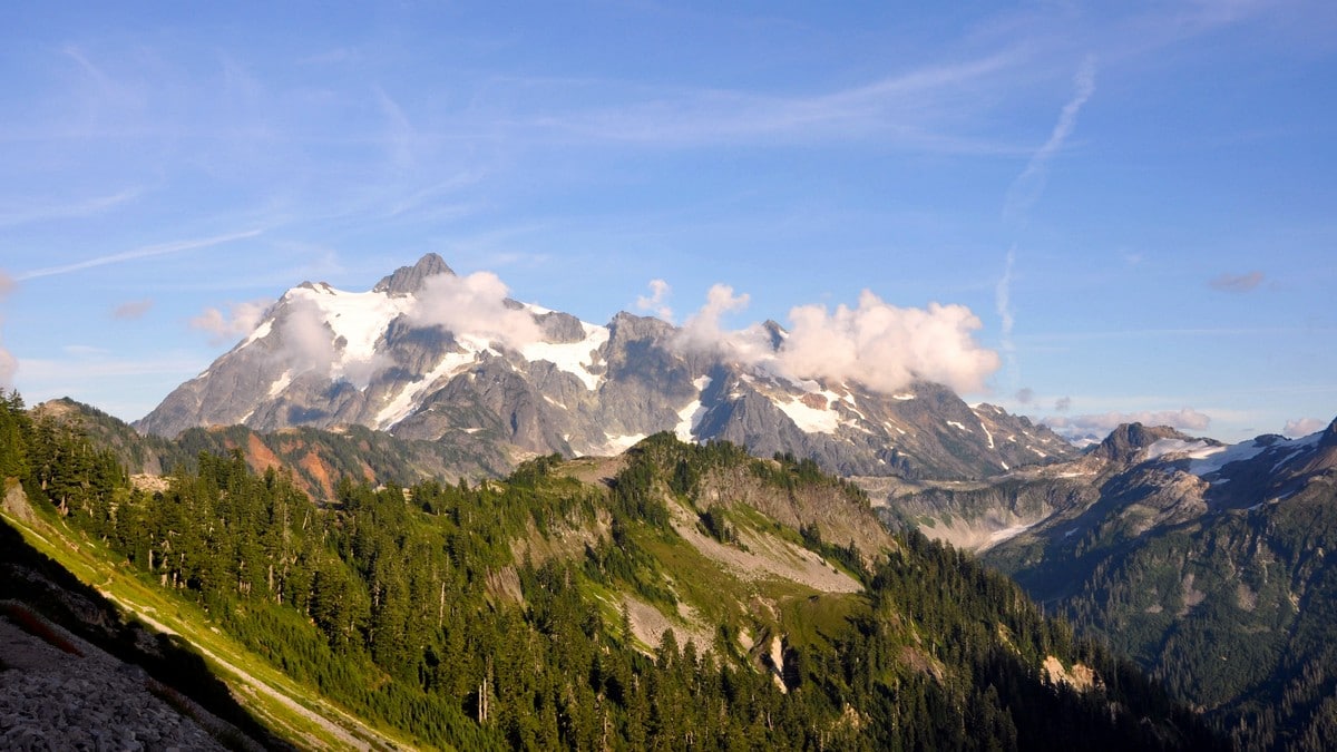 Mount Shuksan can be seen from Chain Lakes trail near Mount Baker