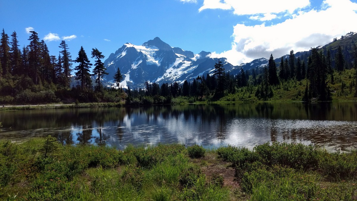 Mount Shuksan over Picture Lake on a trail near Mount Baker