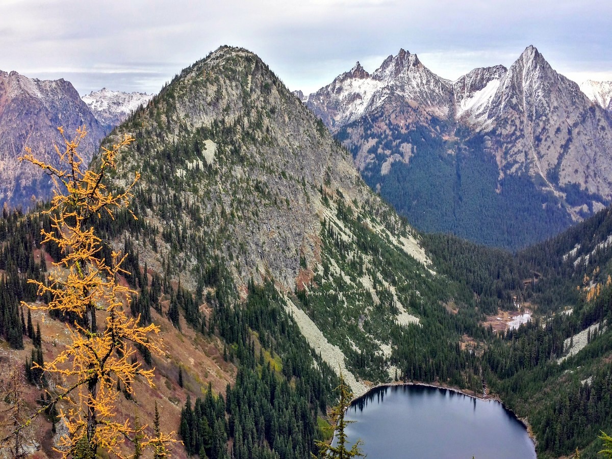 Lee Ann larch and mountain views from the Maple Pass Loop Hike in North Cascades, Washington