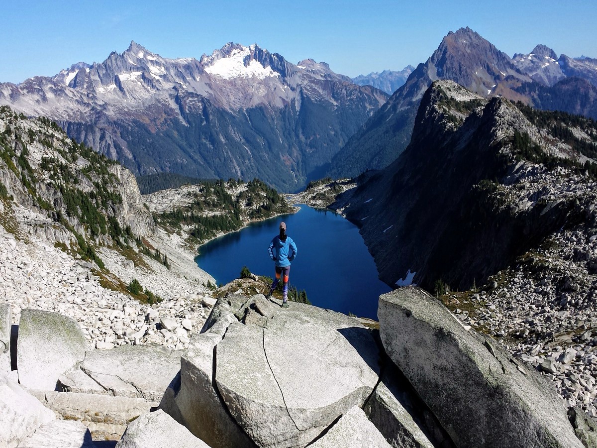 Hiker at the trail to the Hidden Lake, North Cascades, Washington