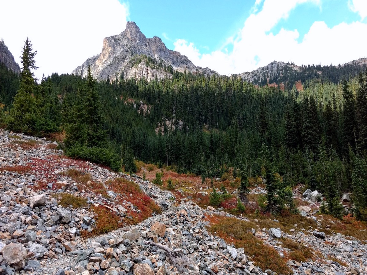 New Morning Peak over Talus and trees on the Easy Pass Hike in North Cascades, Washington