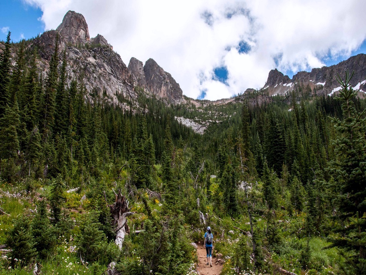 Hiking towards the Liberty Bell Group on the Blue Lake trail in North Cascades, Washington