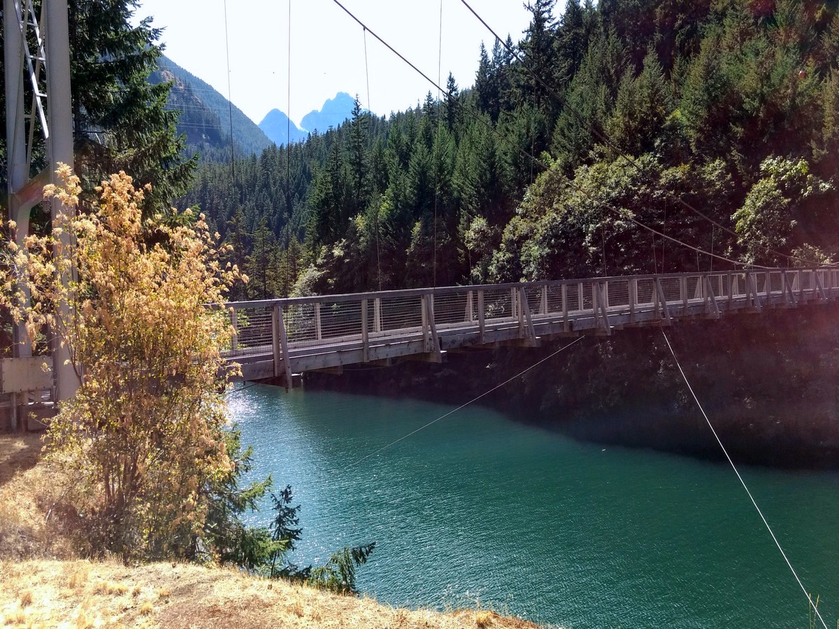 Suspension bridge on the Diablo Lake Trail Hike in North Cascades National Park, Washington