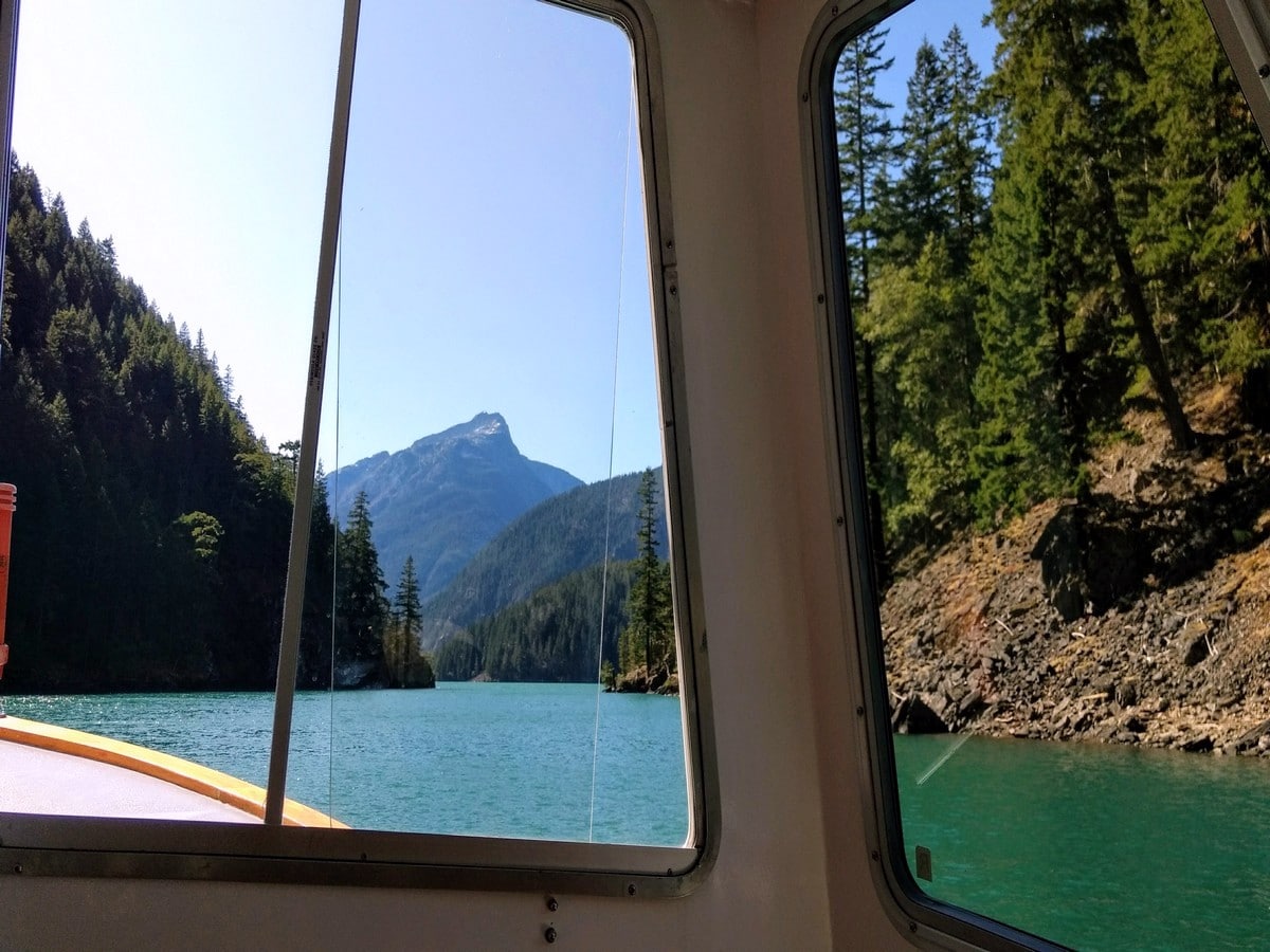 Riding the boat on the Diablo Lake Trail Hike in North Cascades National Park, Washington