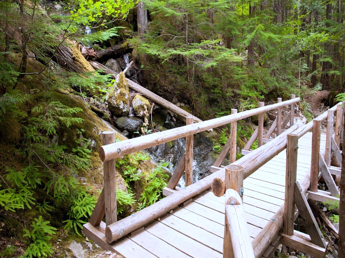 Crossing a bridge on the Thunder Creek Trail Hike in North Cascades National Park, Washington