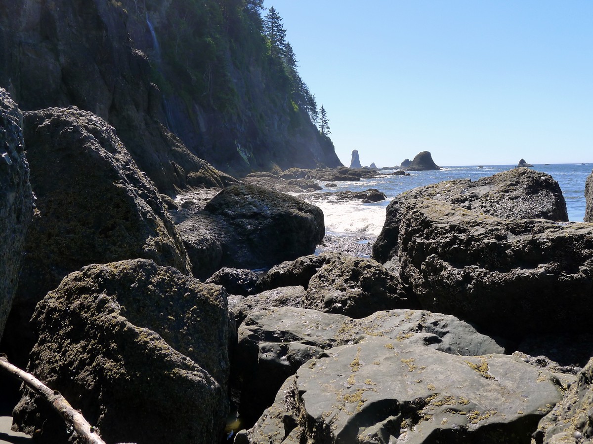 Waves crashing on rocks on the Third Beach trail in Olympic National Park, Washington