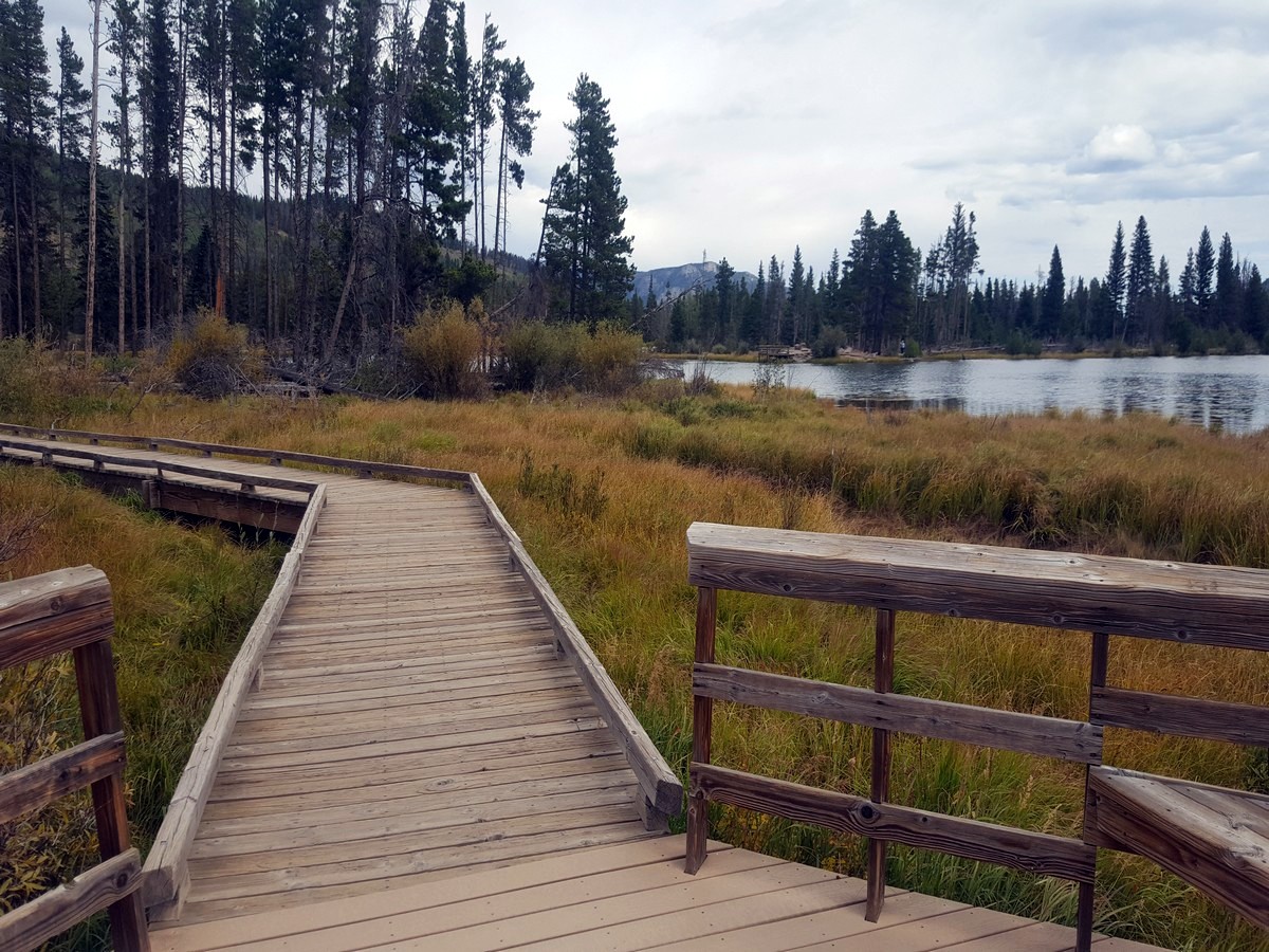 Boardwalk trail on the Sprague Lake Hike in Rocky Mountains National Park, Colorado