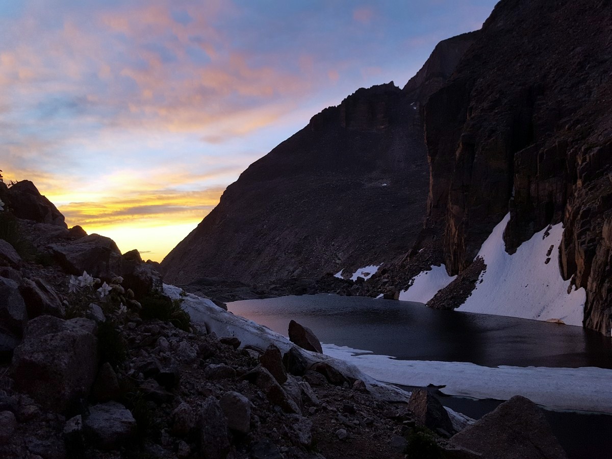Sunrise over Chasm Lake trail in Rocky Mountain National Park, Colorado