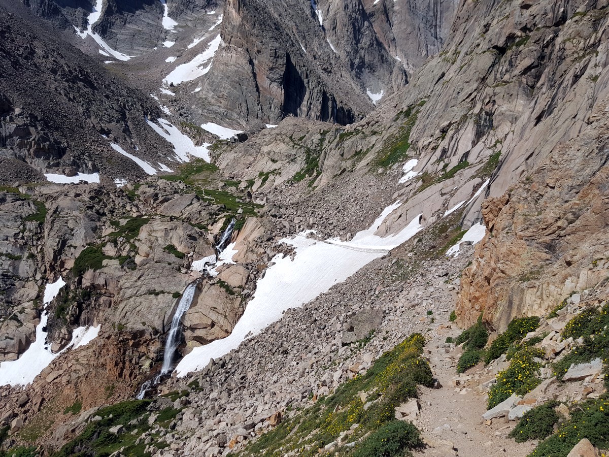 Columbine Falls Snowfield on the Chasm Lake Hike in Rocky Mountains National Park, Colorado
