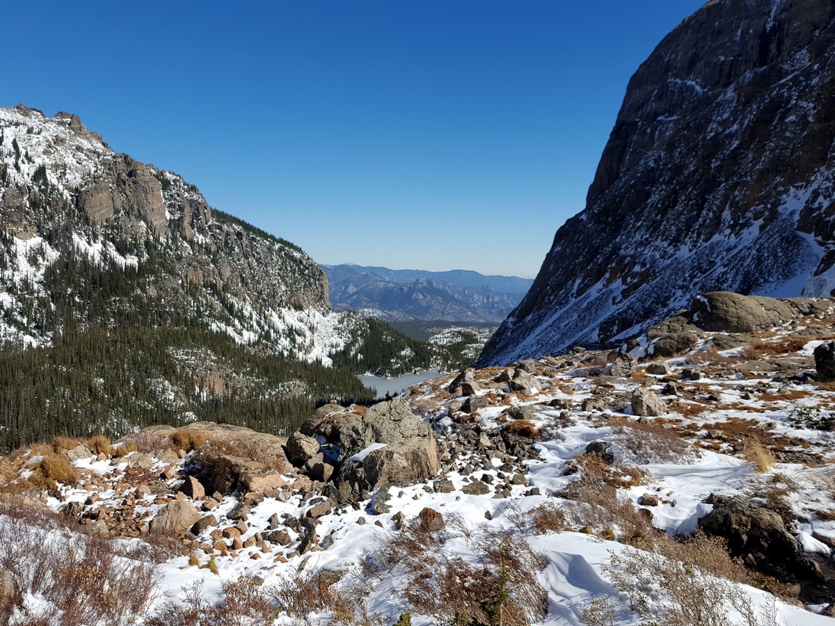 Looking back at the Glass Lake on the Sky Pond and Lake of Glass Hike in Rocky Mountain National Park, Colorado