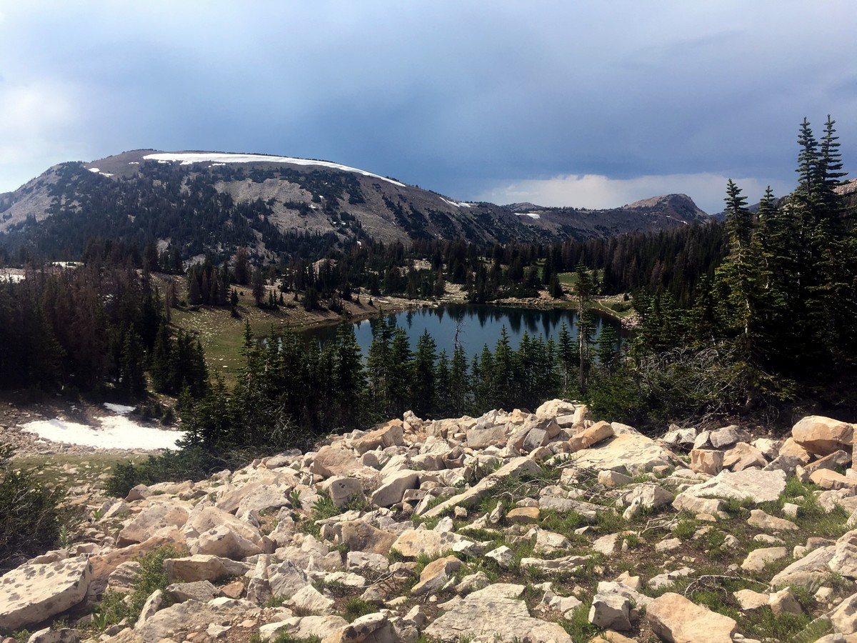 View from the highest point of the trail on the Lofty Lakes Loop hike in the Uinta Mountains, Utah
